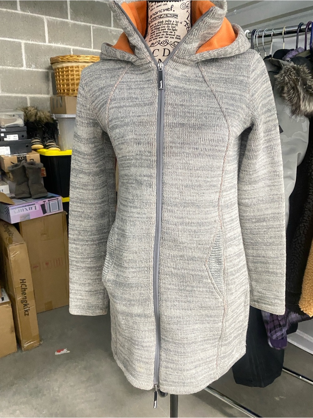 Bench Gray Hooded Long Zip Trench Coat with Orange Lining